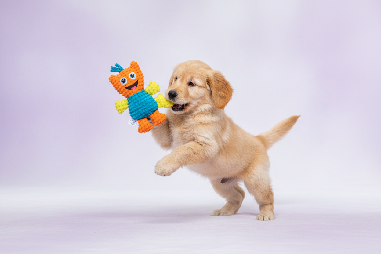 Perrito usando juguete, fondo lila o blanco